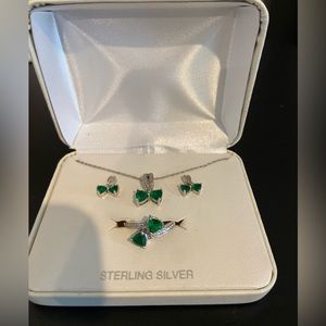 Stirling silver, green stone earrings, ring 7.5 and necklace matching complete